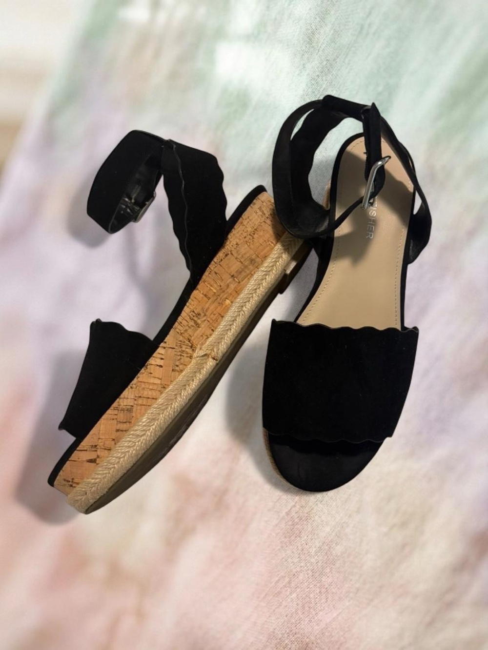 Marc Fisher Black Suede Cork Wedge Sandals with Scalloped Straps size 8M